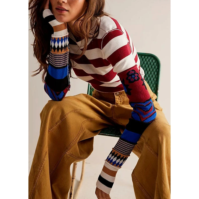 TEEK - Striped Print Contrast Pullover Long Sleeve Slim Cropped Sweater