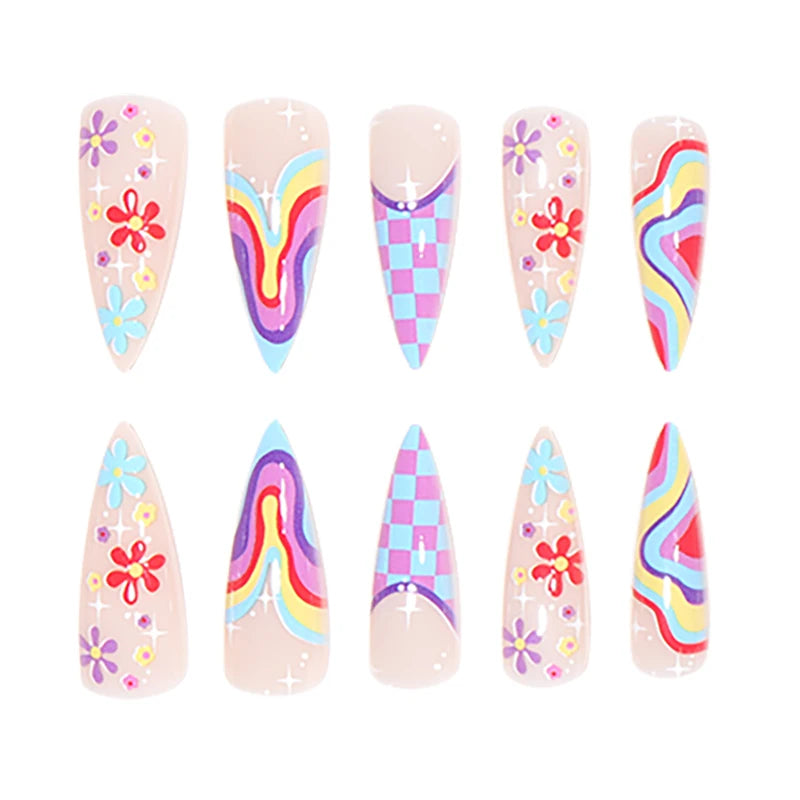 TEEK - 24 Long Pointed Rainbow Flower Press-On Nails NAIL ART theteekdotcom   