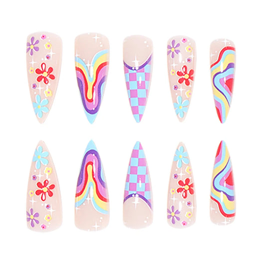 TEEK - 24 Long Pointed Rainbow Flower Press-On Nails NAIL ART theteekdotcom   