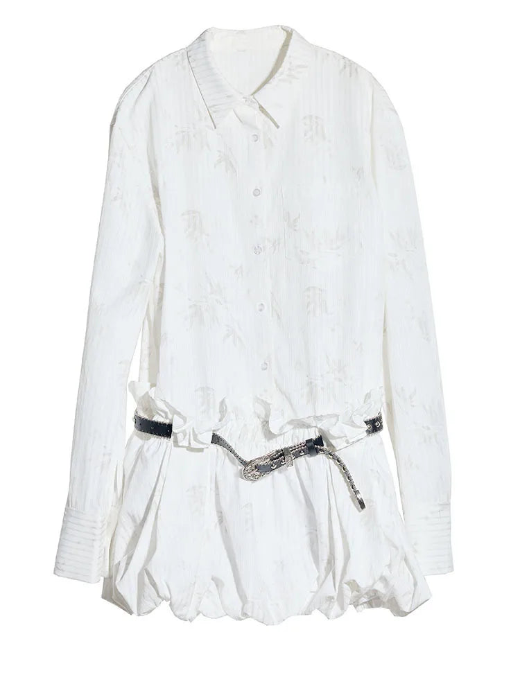 TEEK - White Pattern Belted Ruffles Shirt Dress DRESS theteekdotcom S  