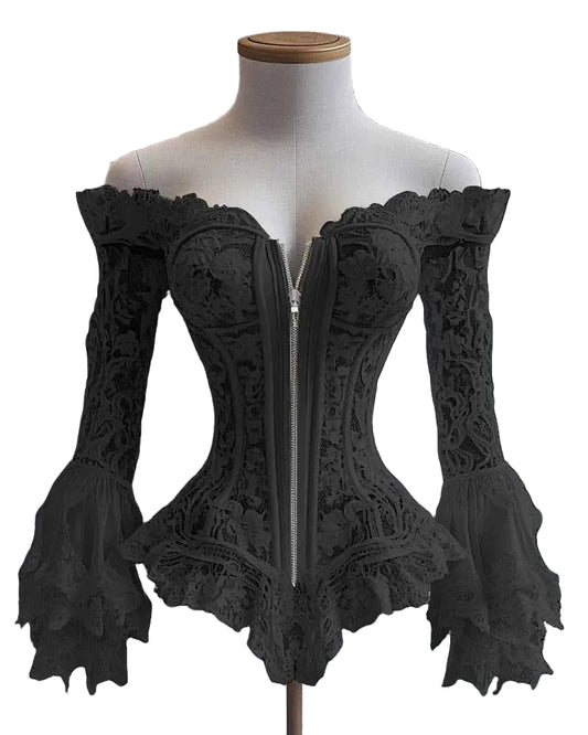 TEEK - Off Shoulder Lace Flare Sleeve Zipper Top