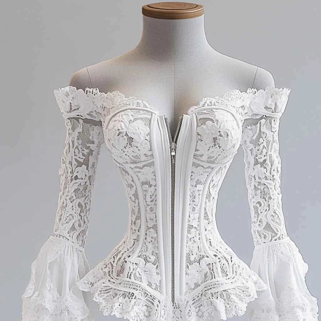 TEEK - Off Shoulder Lace Flare Sleeve Zipper Top