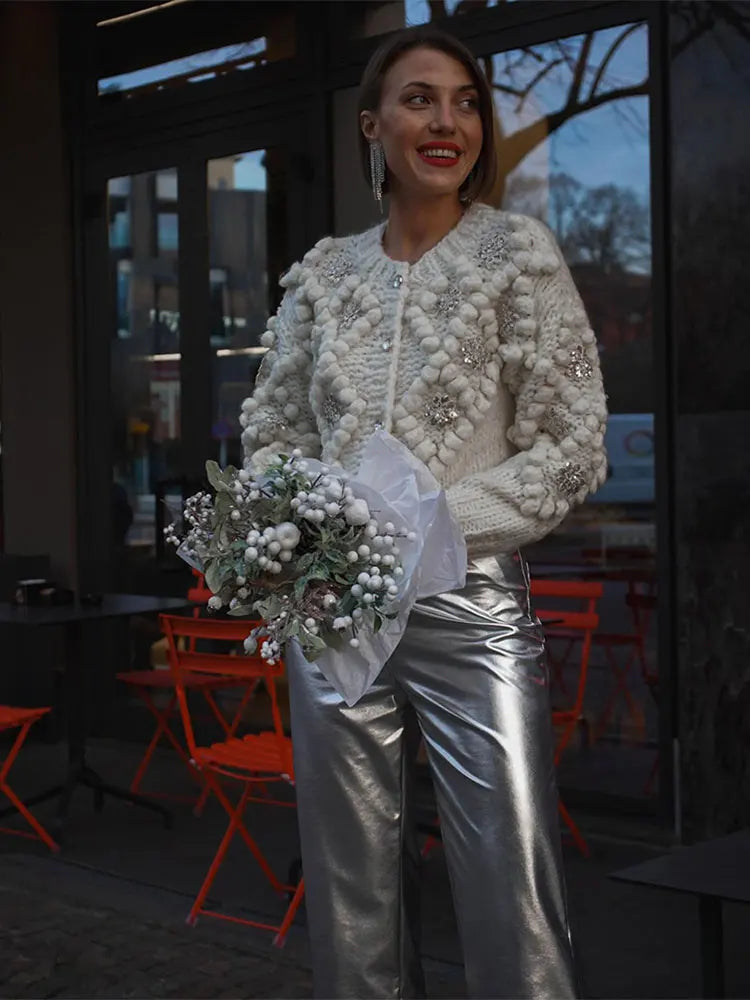 TEEK - White Sequin Knitted 3D Ball White Cardigan SWEATER theteekdotcom   