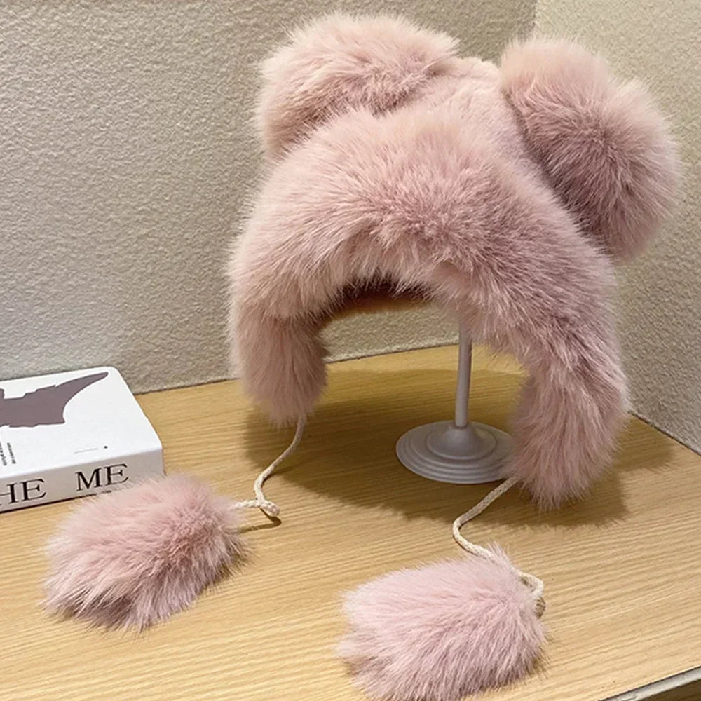 TEEK - Faux Fox Plush Bear Ear Hat HAT theteekdotcom pink  