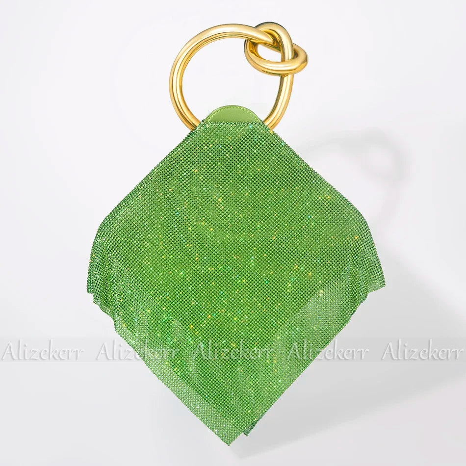 TEEK - Knotted Handle Rhinestone Evening Crystal Clutch BAG theteekdotcom Gold Handle Green  