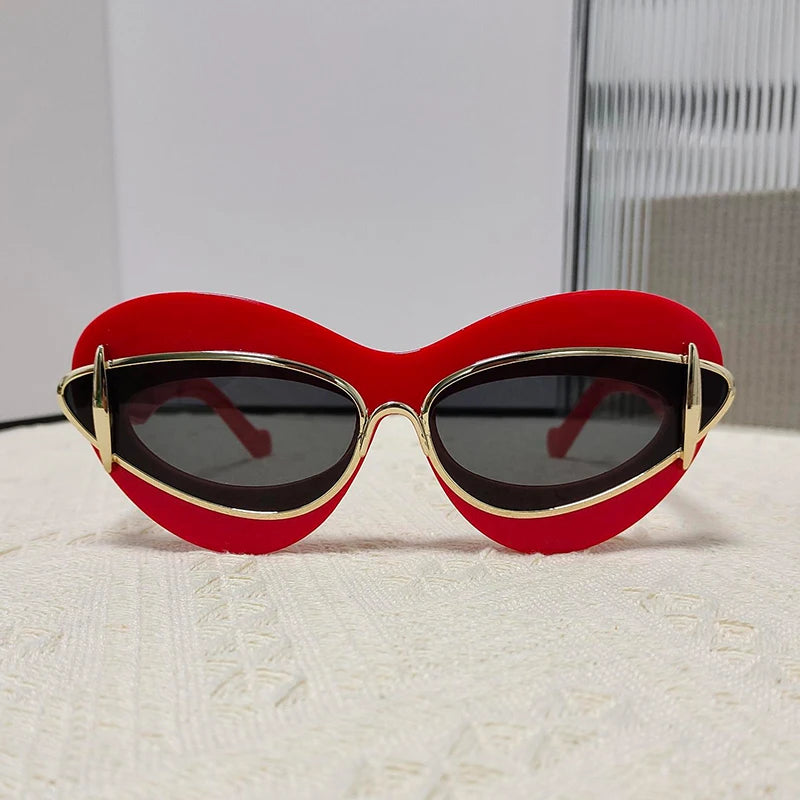 TEEK - Cat Eye Double Frame Sunglasses EYEGLASSES theteekdotcom C6 Red Gray  