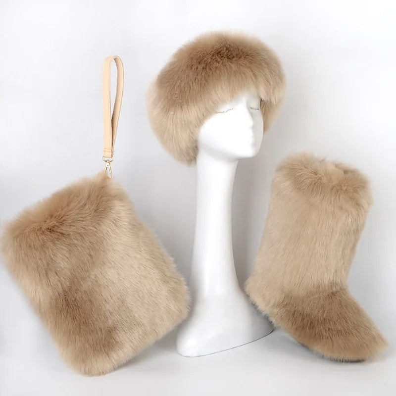 TEEK - Faux Fox Fur Snow Boots Velvet Headband Handbag Set SET theteekdotcom   