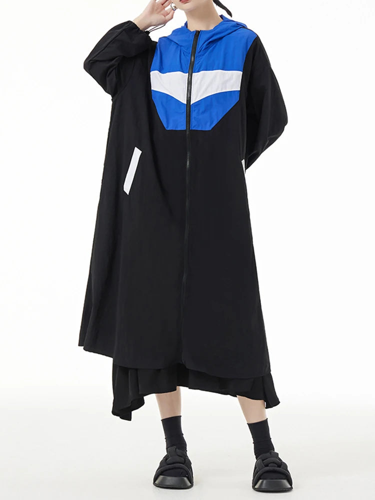 TEEK - Blue Color-Block Long Trench Hooded Windbreaker COAT theteekdotcom   