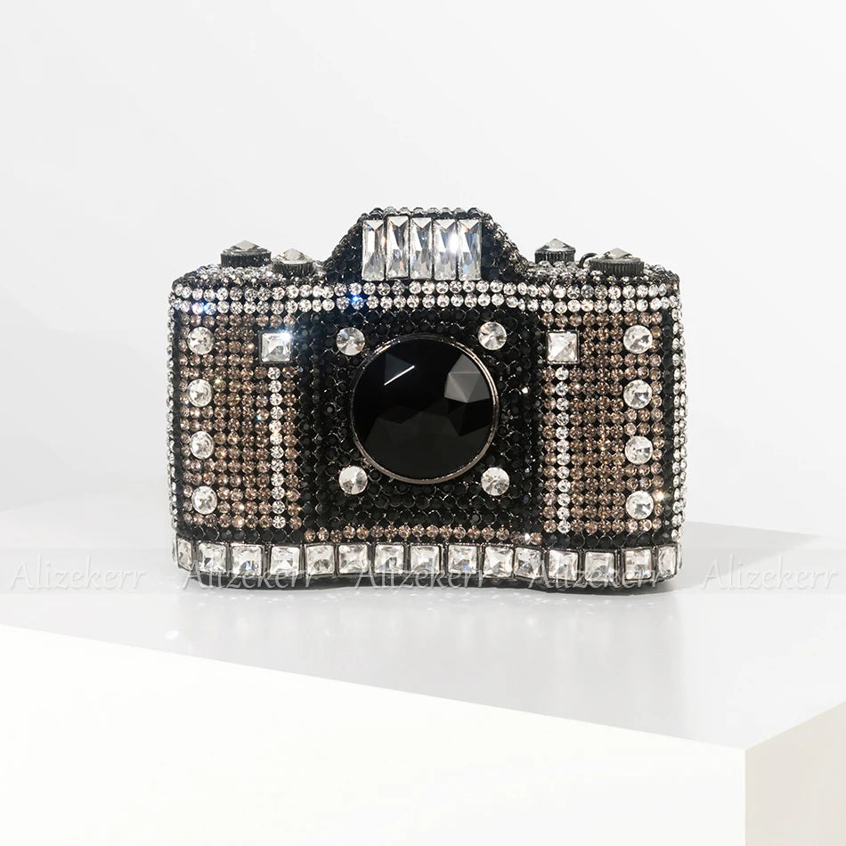 TEEK - Camera Shaped Metallic Rhinestone Handbag BAG theteekdotcom Grey Black  