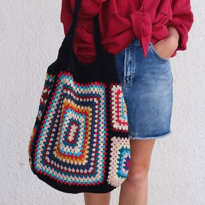 TEEK - Colorful Crochet Boho Square Handbag BAG theteekdotcom Black  