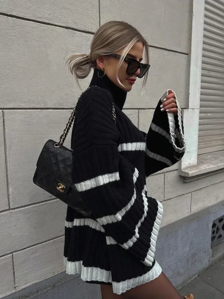 TEEK - Stripe Knit Contrast Turtleneck Sweater TOPS theteekdotcom black S 