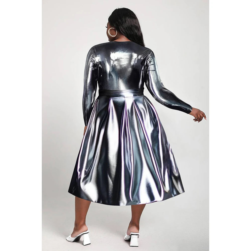 TEEK - Plus Size Silver Crew Neck Long Sleeve Dress DRESS theteekdotcom   