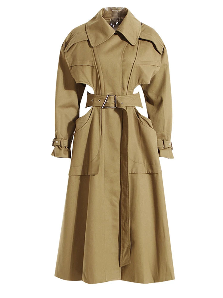 TEEK - Army Green Peep Waist Long Trench Coat COAT theteekdotcom Khaki S 