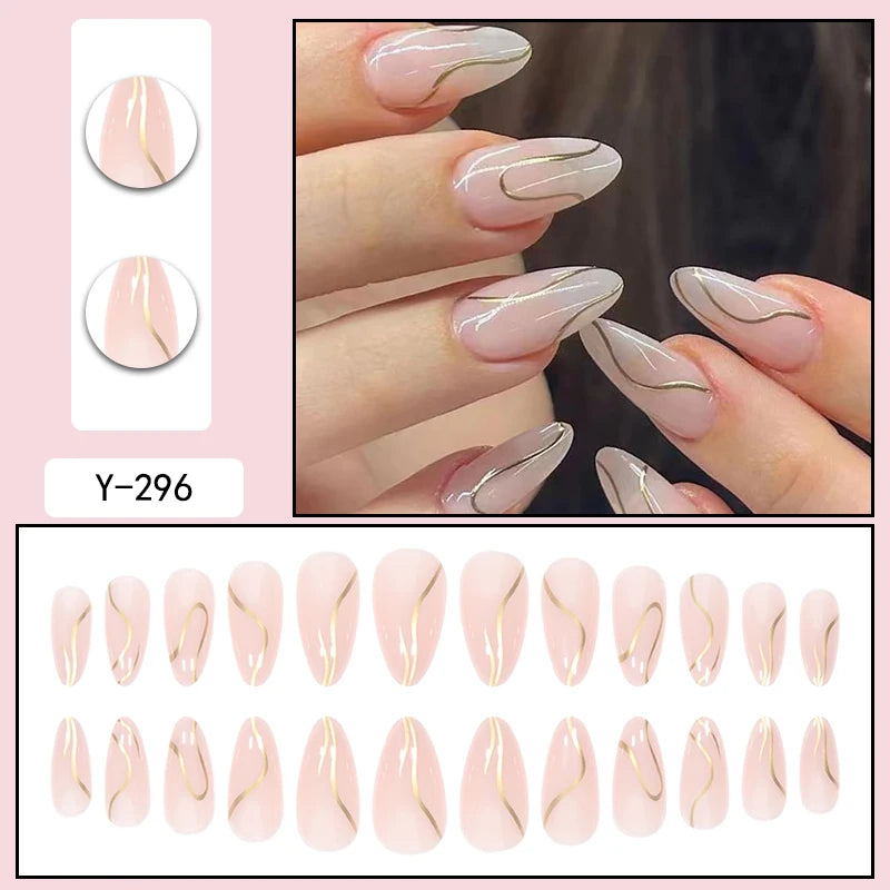 TEEK - 24 Piece Almond Irregular Golden Line False Nails NAIL ART theteekdotcom   