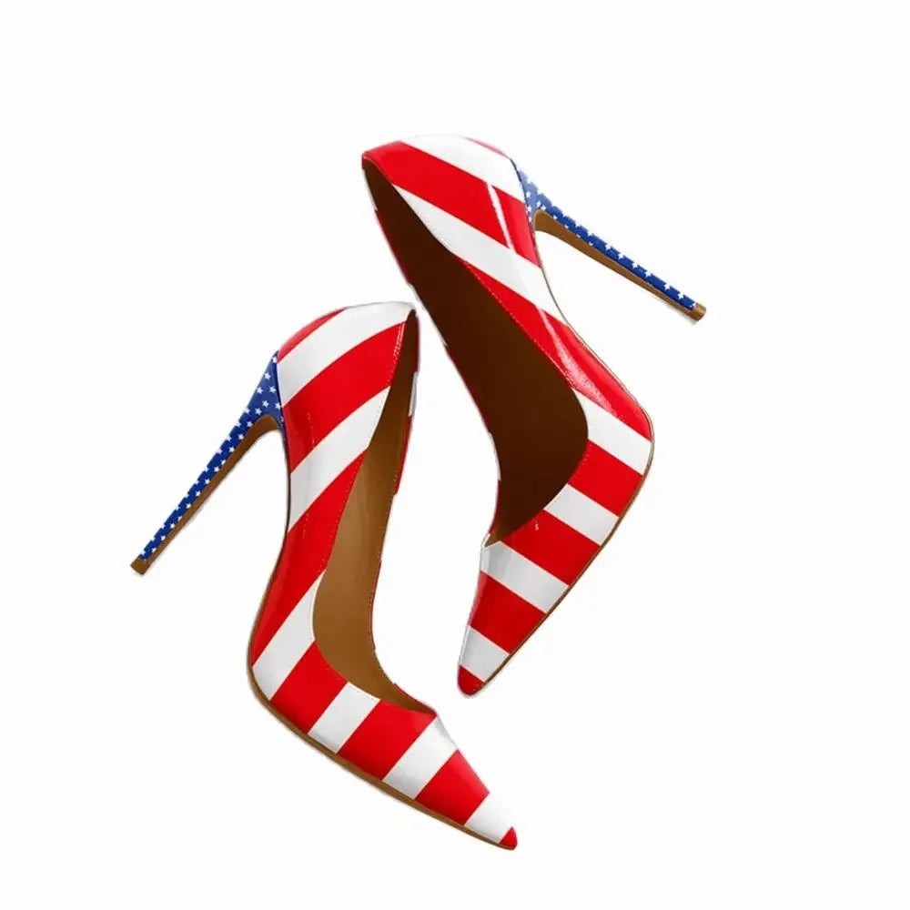 American Flag Prints Thin Heels Shoes Pointed Toe Patent Leather Women Shoes Slip On Pumps Shallow Party Fashion Shoes TEEK 10cm heel 45