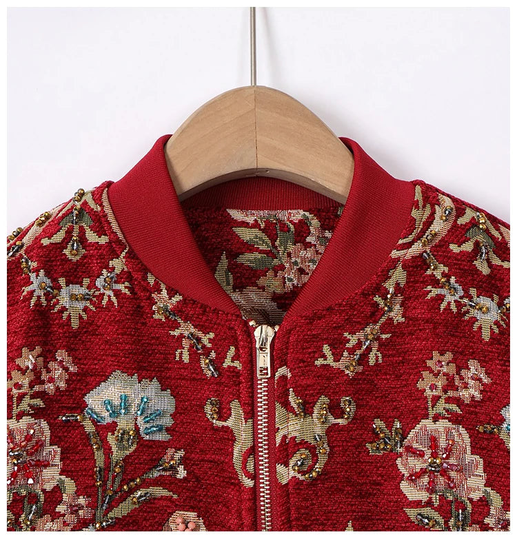 TEEK - Red Jacquard Beaded Embroidery Bomber Jacket