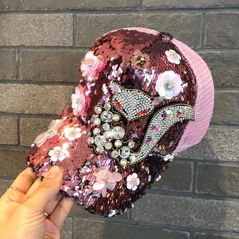 TEEK - Diamond Sequin Fox Baseball Cap HAT theteekdotcom pink 2 56-58cm/22-22.8in 