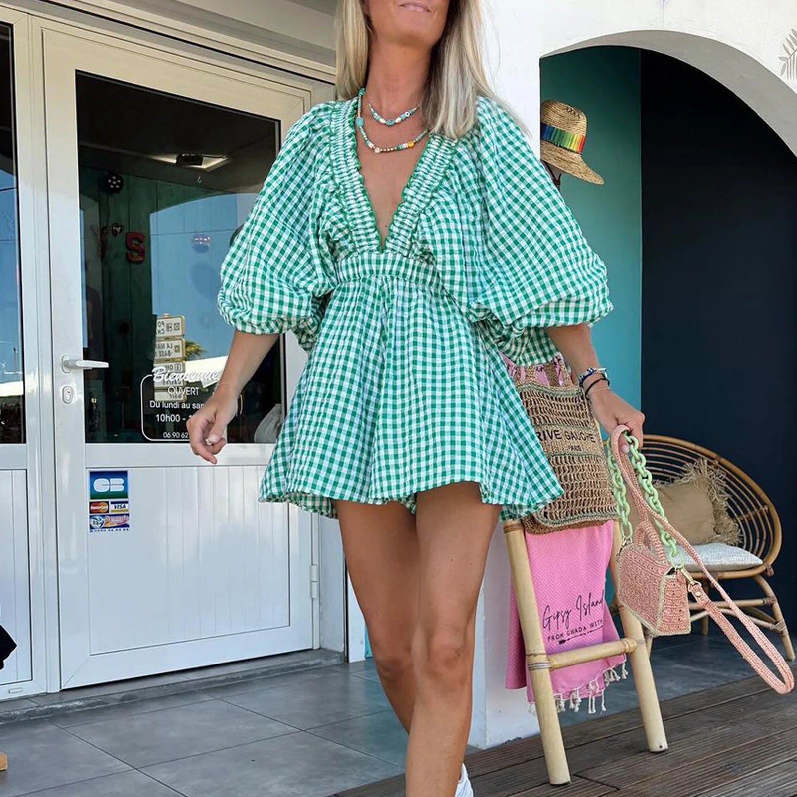 Women's Deep V Neck Loose Jumpsuit Solid Color/Plaid Puff Sleeve Summer Short Jumpsuit Jumpsuit Streetwear TEEK