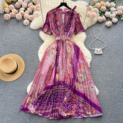 TEEK - Print Pleated Long Dress DRESS theteekdotcom Purple One Size 