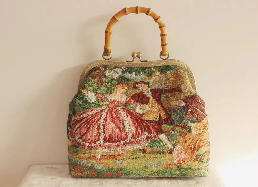TEEK - Vintage French Tapestry Purse Clutch Bamboo Handbag BAG theteekdotcom A 32x8x25cm 