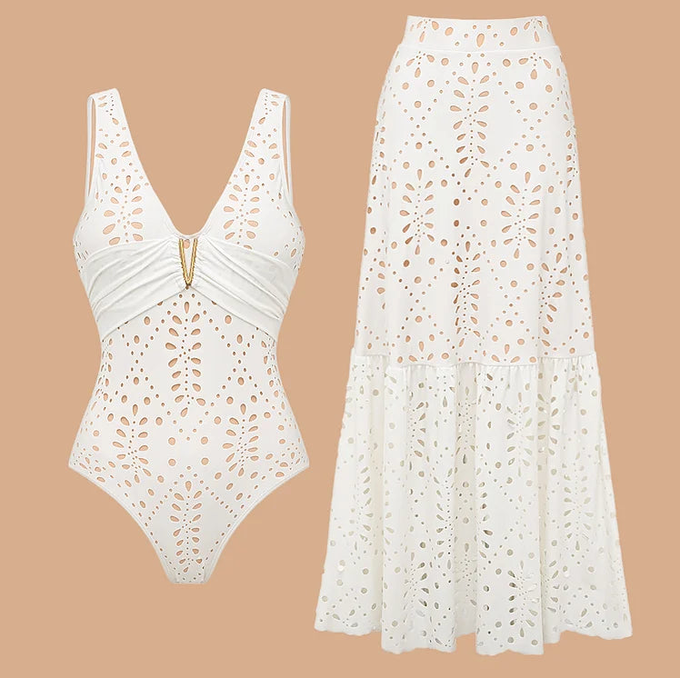 TEEK - Flower Hollow One Piece Swimsuit and Skirt