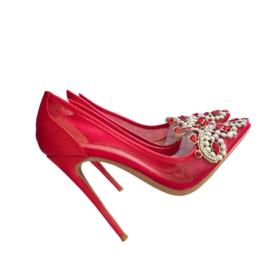 TEEK - Red Bejeweled Mesh Mentioned High Heels SHOES theteekdotcom