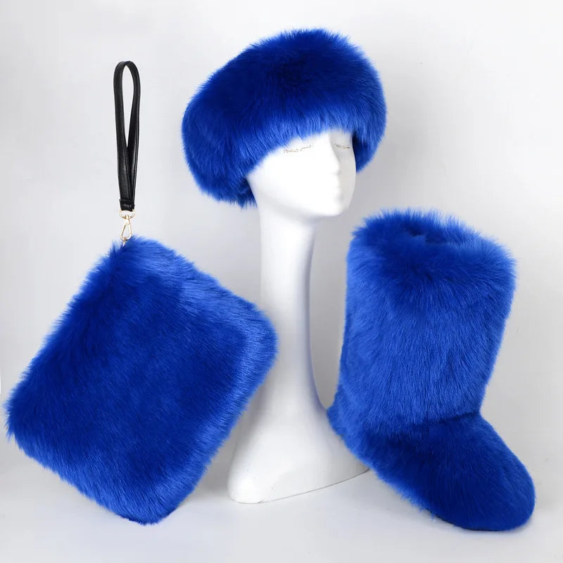 TEEK - Faux Fox Fur Snow Boots Velvet Headband Handbag Set SET theteekdotcom Royal Blue 6.5 