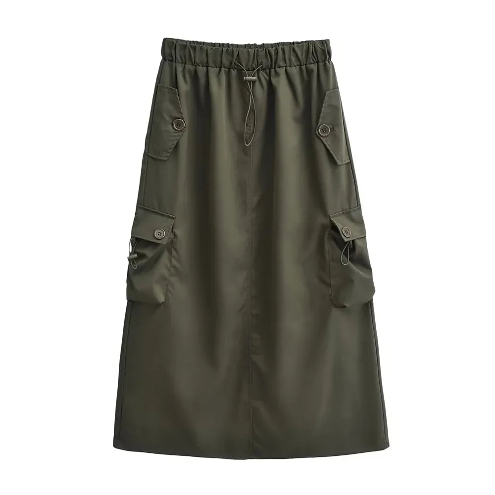 TEEK - High Waist Cargo A-Line Skirt SKIRT theteekdotcom Army Green S 