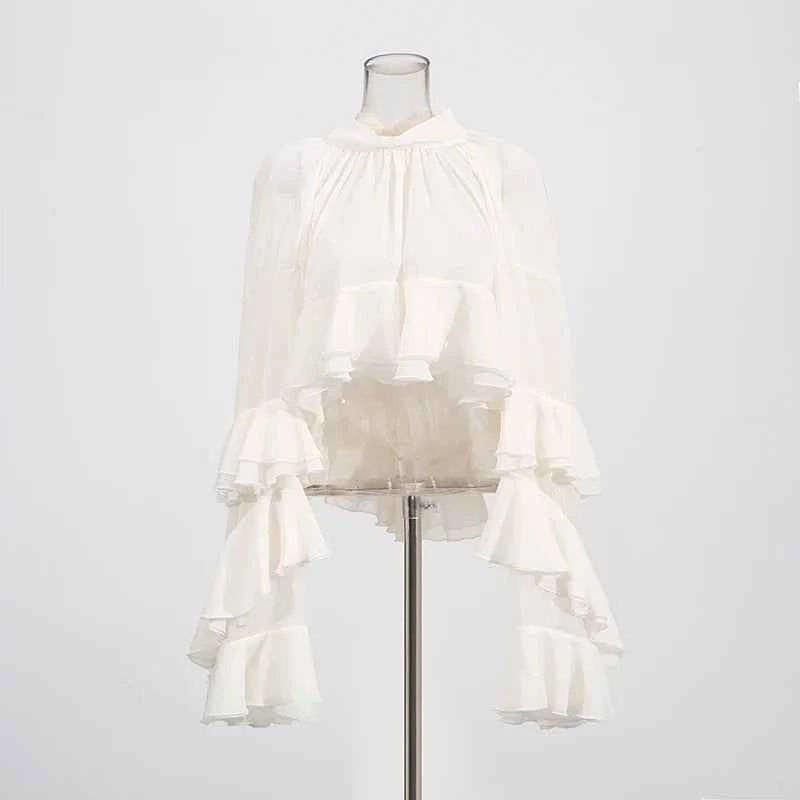 TEEK - Loose Sheer High Neck Long Ruffle Sleeves Blouse TOPS theteekdotcom