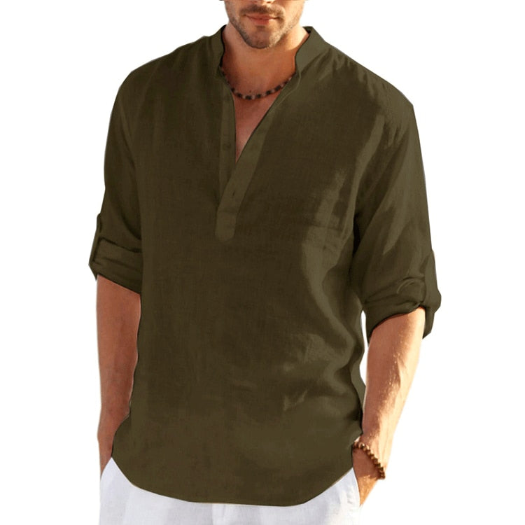 TEEK - Linen Long Sleeve Solid Loose Shirt TOPS theteekdotcom army green US XXS | Label S 