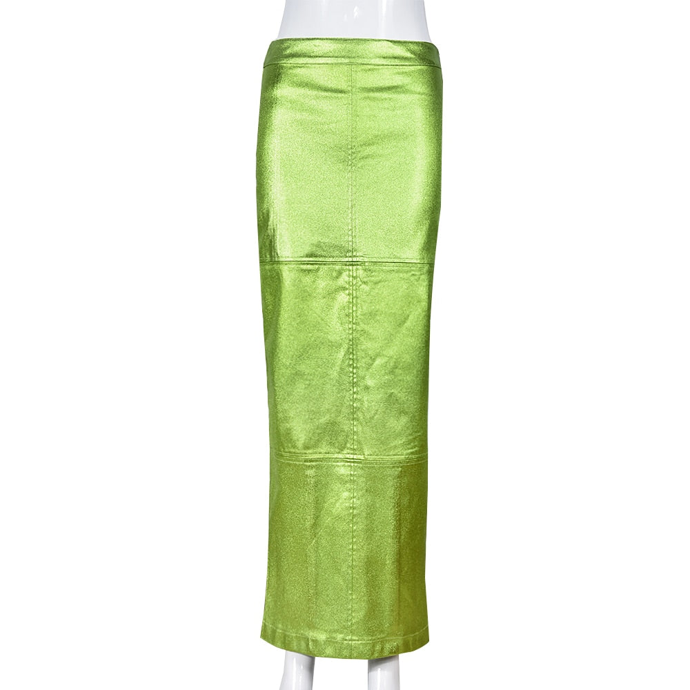 TEEK - Magical Metallic Slim Maxi Skirts SKIRT theteekdotcom Green S 