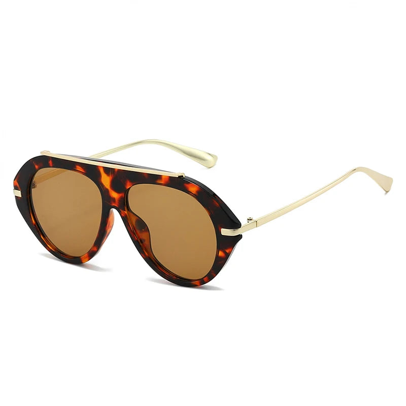 SO&EI Ins Popular Fashion Oversized Pilot Sunglasses Women Shades UV400 Retro Gradient Men Blue Green Sun Glasses TEEK Leopard Tea As the picture