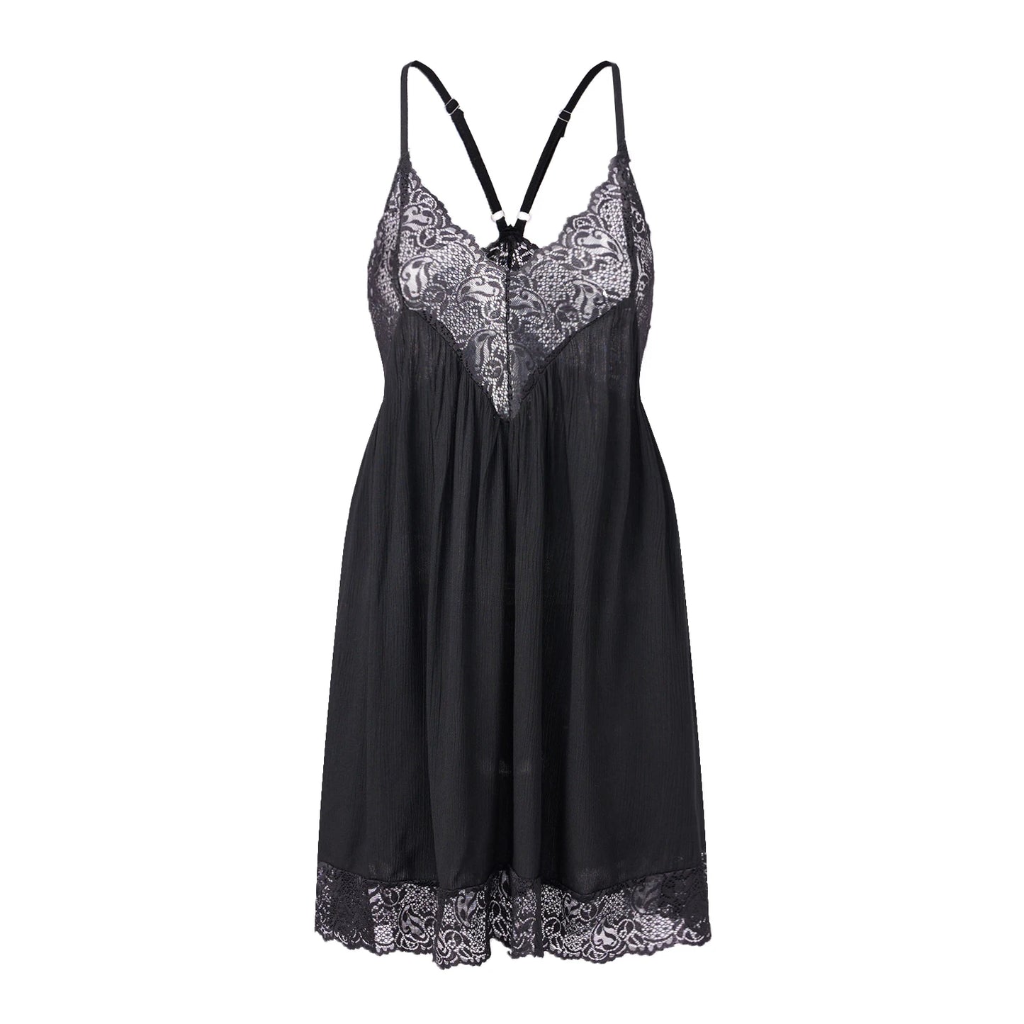 Women Floral Lace Trim Patchwork Cami Nightgwns Deep V Neck Y2k Spaghetti Strap Backless Mini Pajama Dress Sleepwear TEEK black L