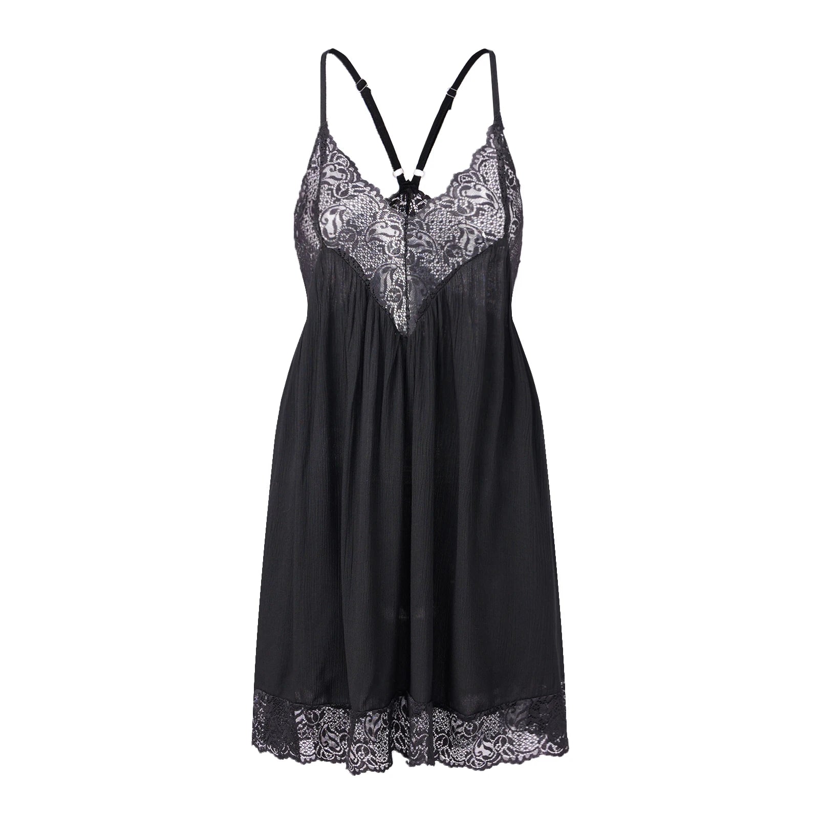 Women Floral Lace Trim Patchwork Cami Nightgwns Deep V Neck Y2k Spaghetti Strap Backless Mini Pajama Dress Sleepwear TEEK black L
