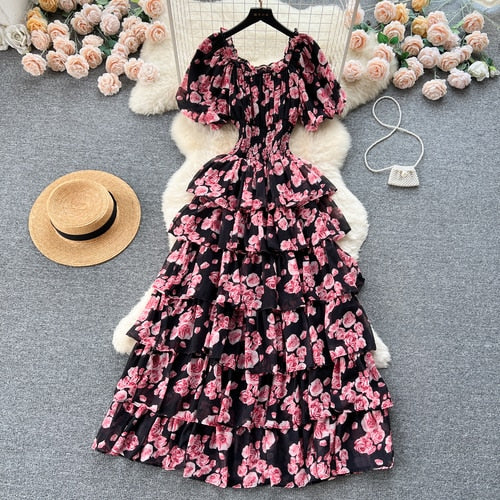 TEEK - Vintage Floral Print Ruffle Dress DRESS theteekdotcom Black One Size 