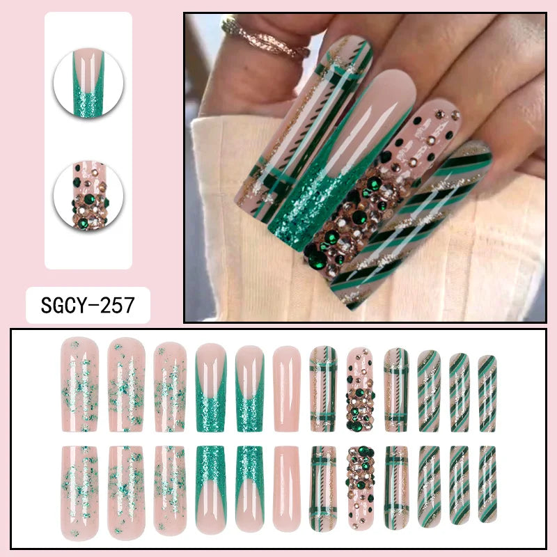 TEEK - 24 Long Coffin Green Plaid Diamond Press-On Nails NAIL ART theteekdotcom   