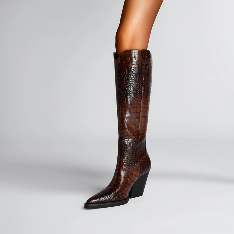 TEEK - Pointed Thick Heeled Oversized Knee High Western Boots SHOES theteekdotcom