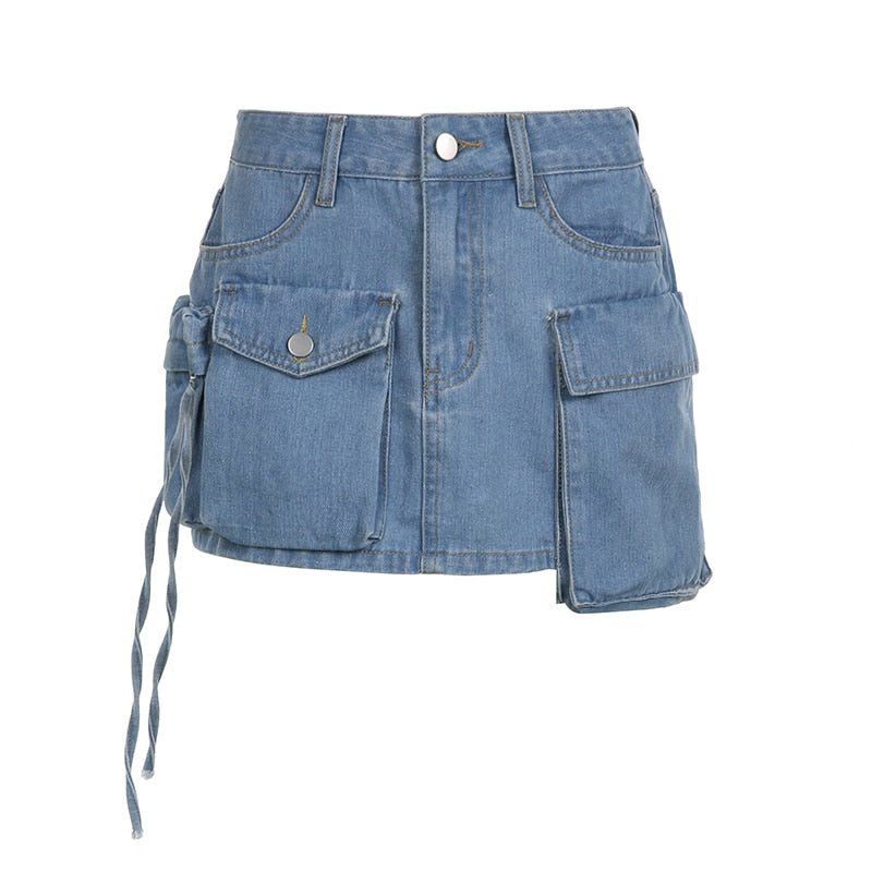 TEEK - Tie Dye Denim Abnormal Pockets Skirt SKIRT theteekdotcom Blue S 