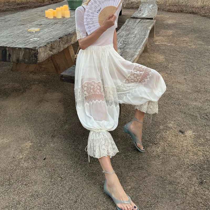 Women Floral Lace Sheer See-through Patchwork Bloomers Casual Loose Drawstring Elastic High Waist Cropped Capri Pants Trousers TEEK