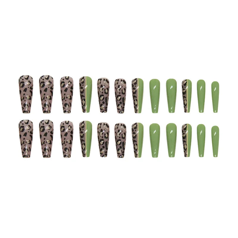 TEEK - Fresh 24 Piece Long Ballet Olive Green Leopard False Nails NAIL ART theteekdotcom   