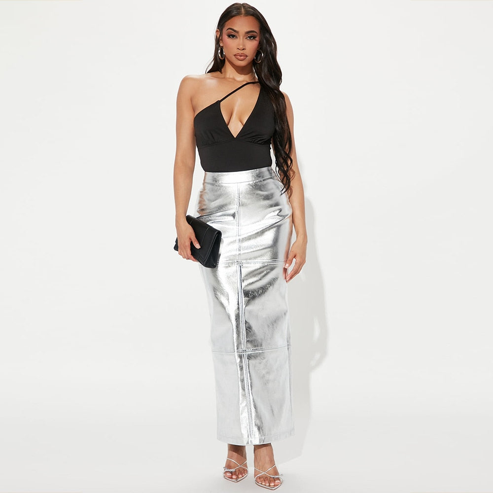 TEEK - Magical Metallic Slim Maxi Skirts SKIRT theteekdotcom Silver S 