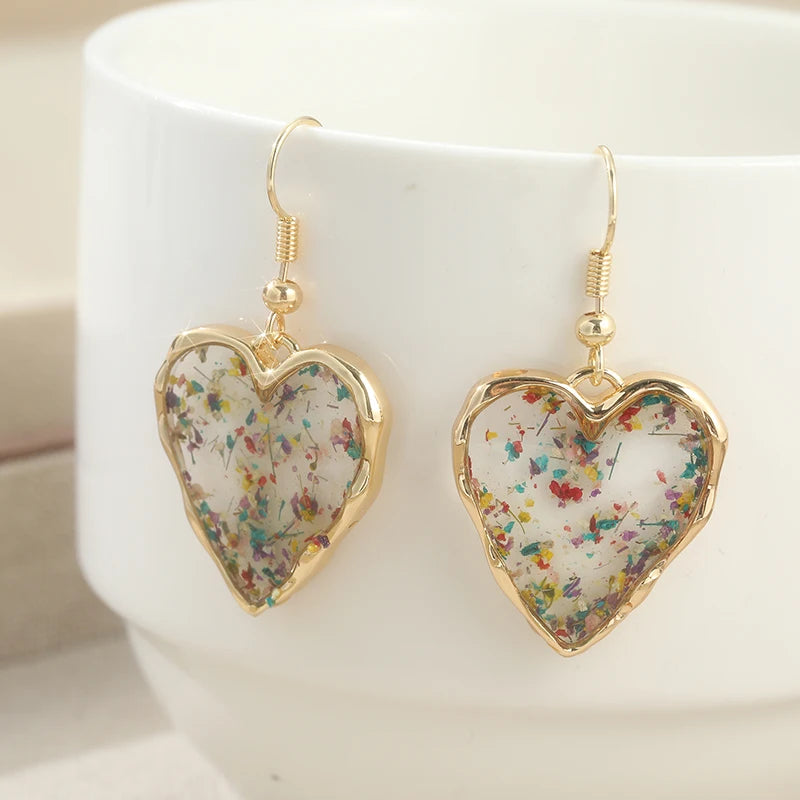 Cute Heart Shaped Earrings For Women Dried Flower Transparent Resin Drop Earring Romantic Jewelry Anniversary Valentines Gift TEEK