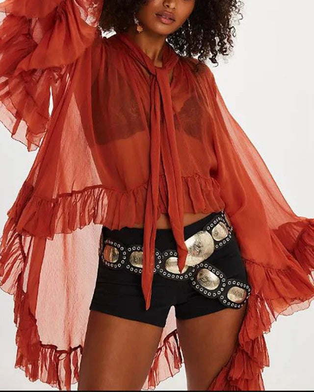 Women Chic Irregular Ruffled Hem Cape Top Bow Tied Neck Shirts Solid Color See Through Loose Fit Long Sleeve Blouses TEEK D S