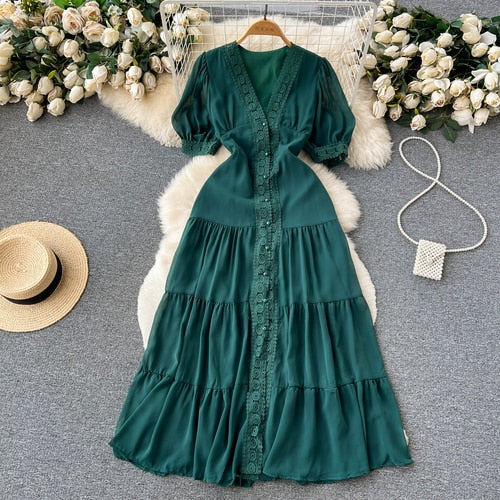 TEEK - Vintage Lace Puff Short Sleeve Dress DRESS theteekdotcom Green One Size 