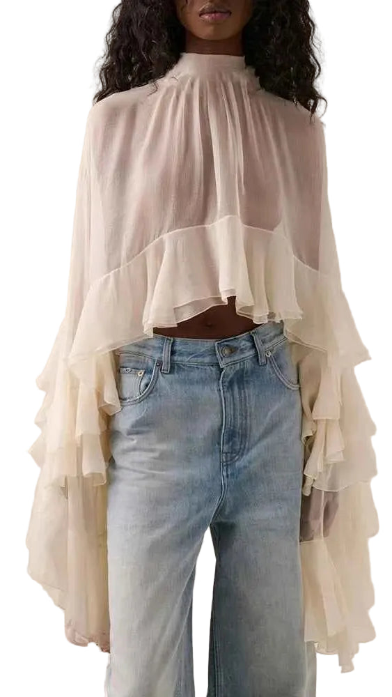 TEEK - Loose Sheer High Neck Long Ruffle Sleeves Blouse TOPS theteekdotcom
