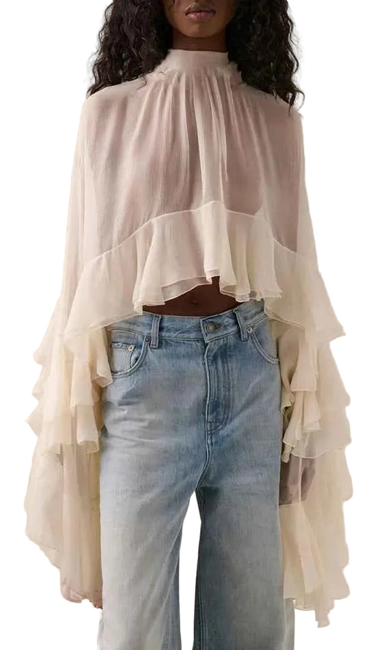 TEEK - Loose Sheer High Neck Long Ruffle Sleeves Blouse TOPS theteekdotcom