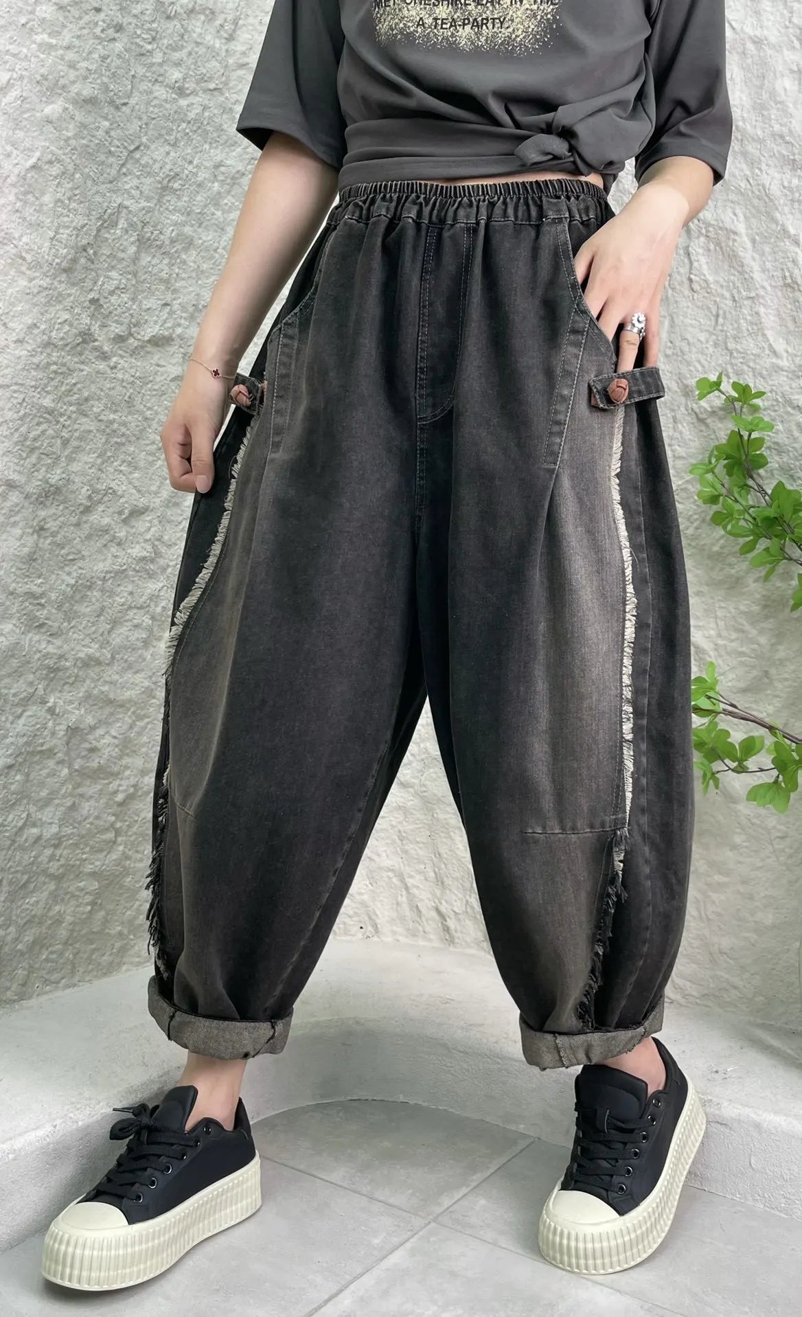 TEEK - Black Distressed Patchwork Pocketed Womens Harem Pants PANTS theteekdotcom   