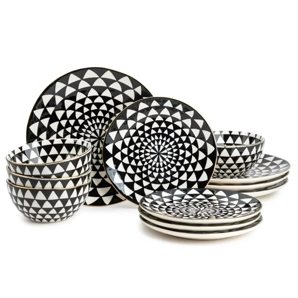 TEEK - Black & White Medallion Stoneware 12 Piece Dinnerware Sets HOME DECOR theteekdotcom Black  