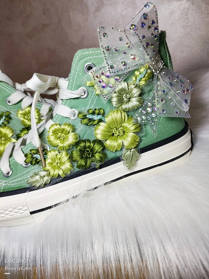 TEEK - High-Top Canvas Green Bow Embroidery Sneakers SHOES theteekdotcom