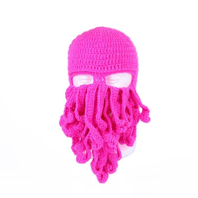 TEEK- Handmade Tentacle Crochet Bearded Beanie HAT theteekdotcom Rose Red One Size 